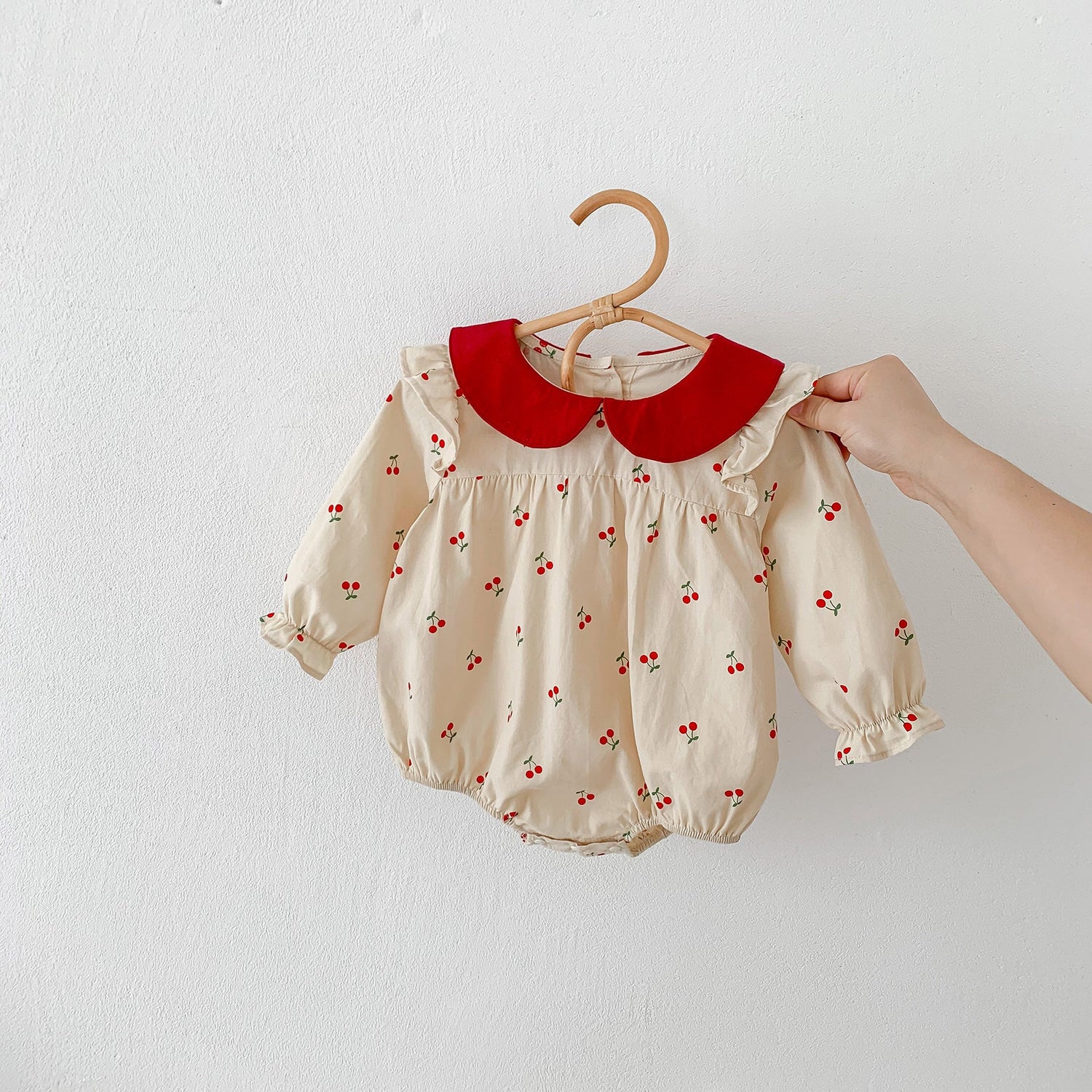 New Arrival Baby Cherry Printing Onesie For Girls With Peter Pan Collar-0