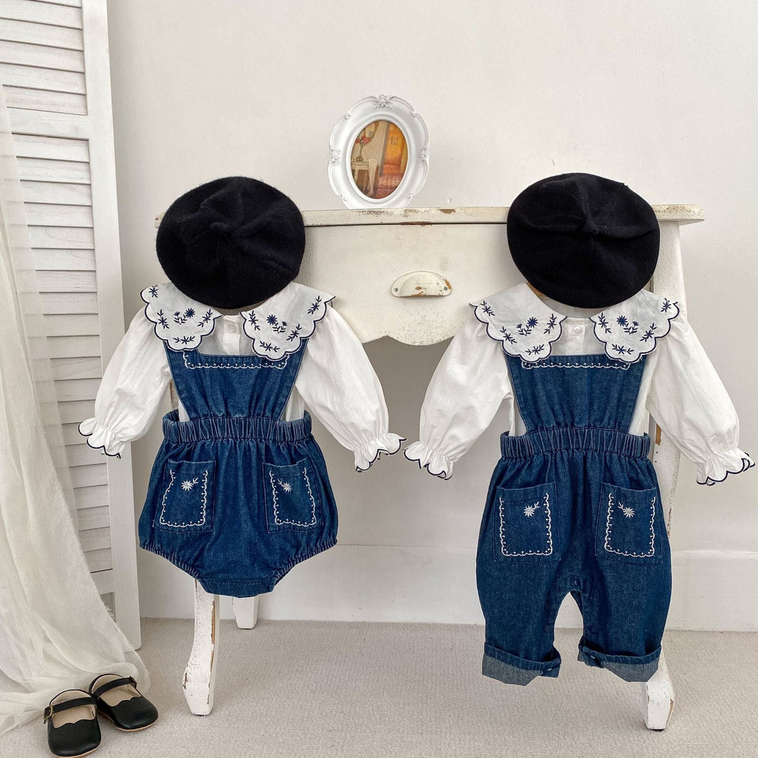 Spring Baby And Kids Girls Vintage White Shirt And Denim Overalls/Onesie Clothing Set-0