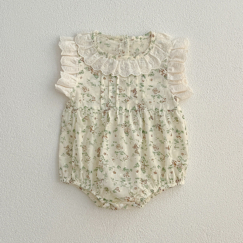 Summer New Arrival Baby Floral Vine Pattern Fly Sleeves Onesies For Girls With Hollow Out Collar-5