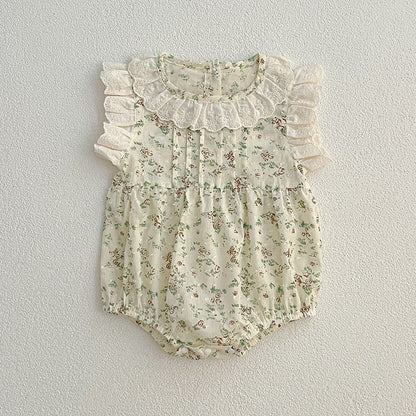 Summer New Arrival Baby Floral Vine Pattern Fly Sleeves Onesies For Girls With Hollow Out Collar-5