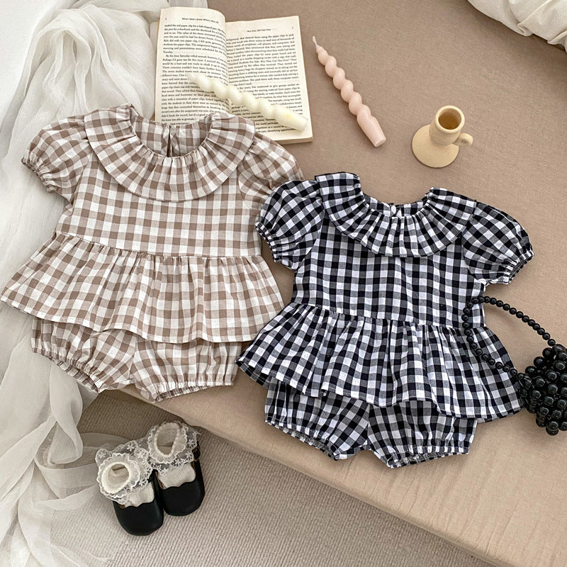 Summer Baby Kids Girls Plaid Short Sleeves Round Collar Top And Shorts Casual Clothing Set-0