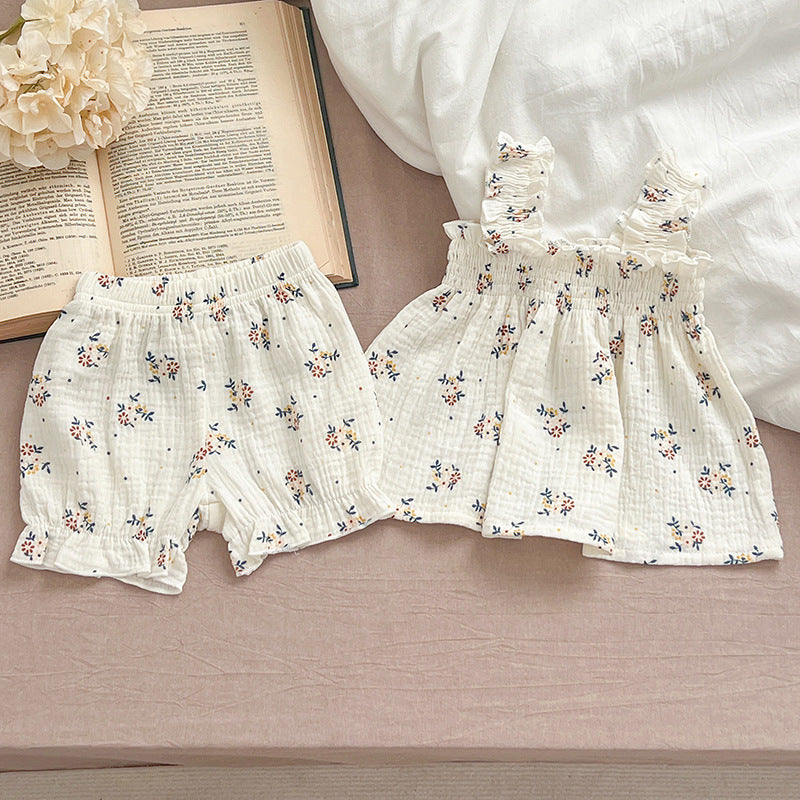 Summer Hot Selling Baby Girls Sleeveless Floral Pattern Strap Top Dress And Shorts Clothing Set-5