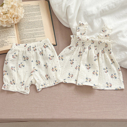 Summer Hot Selling Baby Girls Sleeveless Floral Pattern Strap Top Dress And Shorts Clothing Set-5