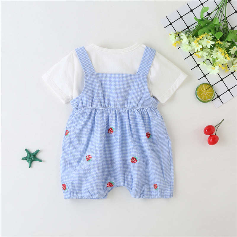 Baby Girl 1pcs Plaid Graphic Strawberries Embroidery Snap Button Jumpsuit &amp; Solid Tee Sets-5