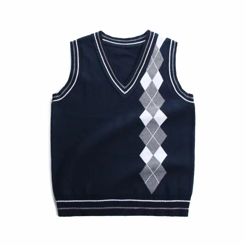 Boy And Girl Rhombus Pattern V-Neck College Style Sleeveless Vest Sweater-2