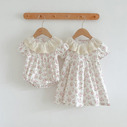 Summer Girls Floral Pattern Ruffle Collar Onesies And Girls’ Dress – Princess Sister Matching Set-0