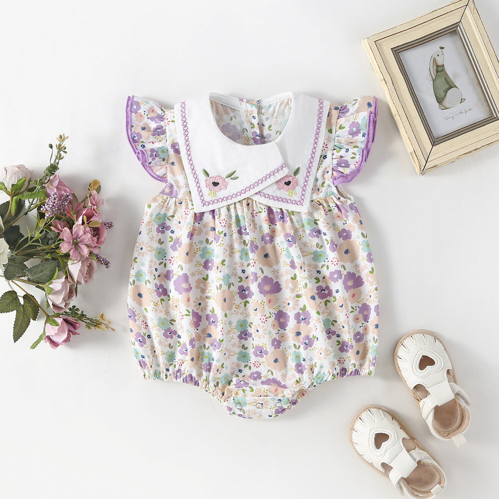 Summer Hot Selling Baby Girls Floral Pattern Fly Sleeves Embroidered Collar Onesies-5