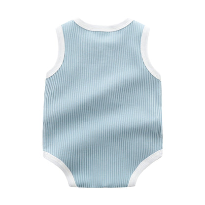 Baby Boy Solid Color Neck Buttoned Design Sleeveless Round Collar Onesies-6