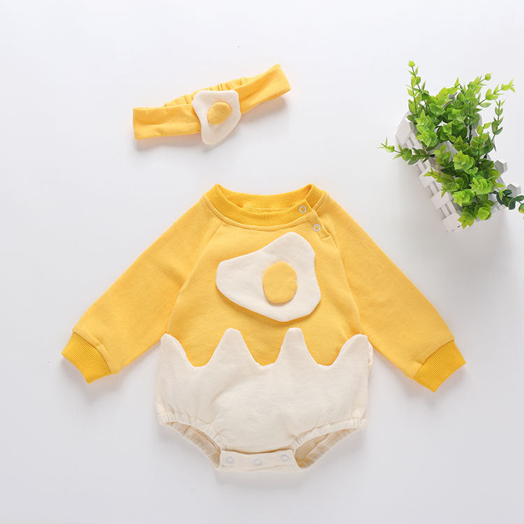 Baby Cartoon Egg Shape Design Long Sleeved Cute Bodysuit With Headband-5