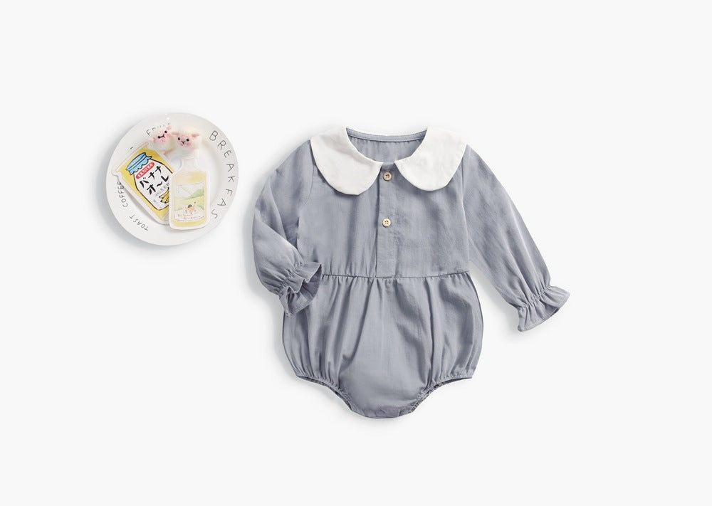 Baby Girl Doll Collar Design Solid Color Long Sleeve Onesies With Buttons-6