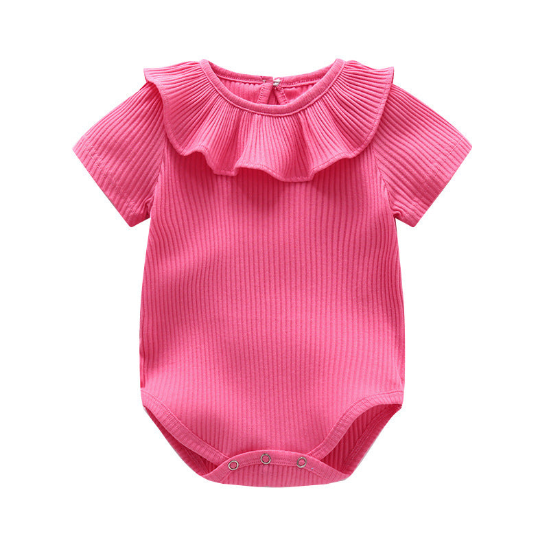 Baby Girl Solid Color Ruffle Design Short Sleeve O-Neck Onesies-6