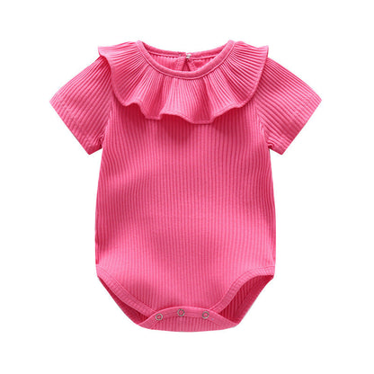 Baby Girl Solid Color Ruffle Design Short Sleeve O-Neck Onesies-6