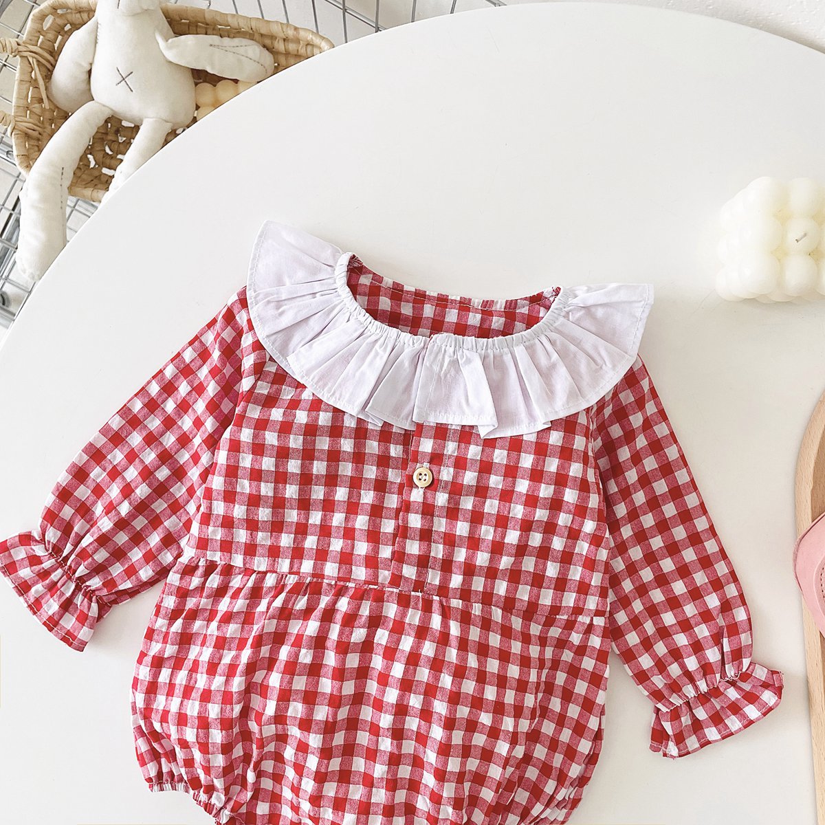 Baby Girl Plaid Pattern Ruffle Neck Design Triangle Sweet Onesies-5