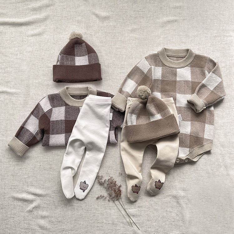 Baby Plaid Graphic Long Sleeve Crewneck Knit Thickened Onesies-5