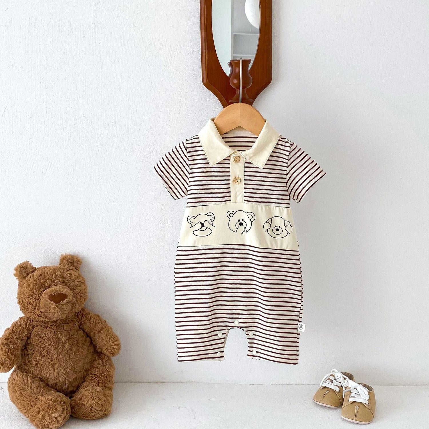 Summer New Design Short Sleeves Striped Turn-Down Collar Teddy Pattern Baby Rompers-5