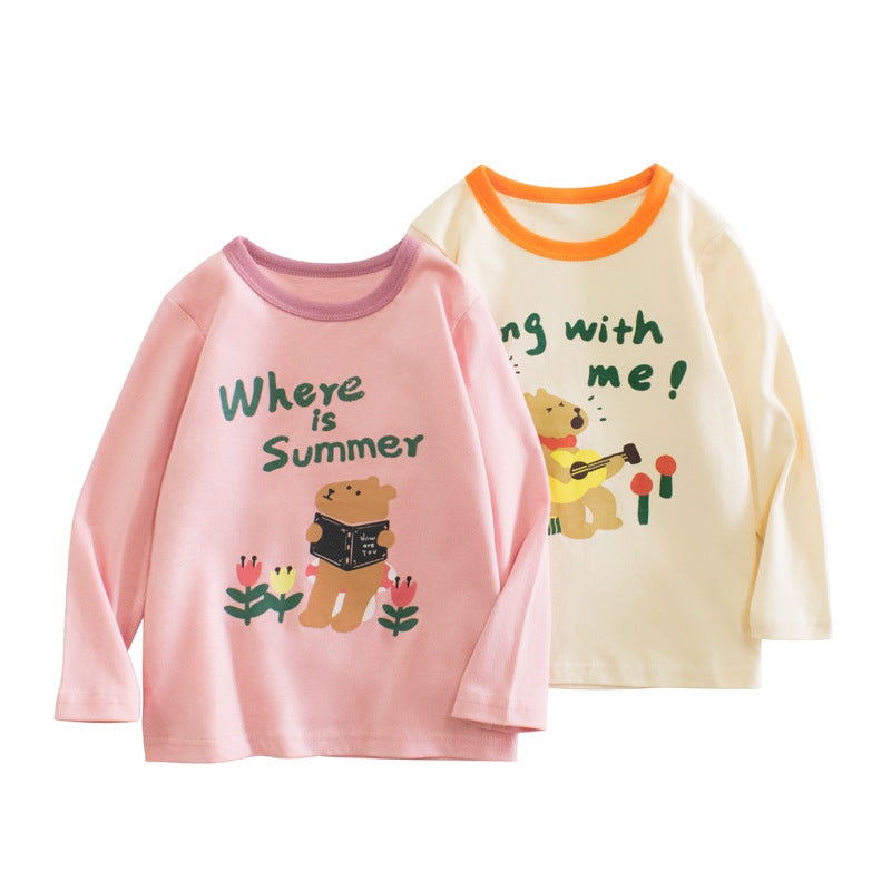 Baby Girl Cute Bear Print Pattern Simple Colorblock Collar Shirt-0