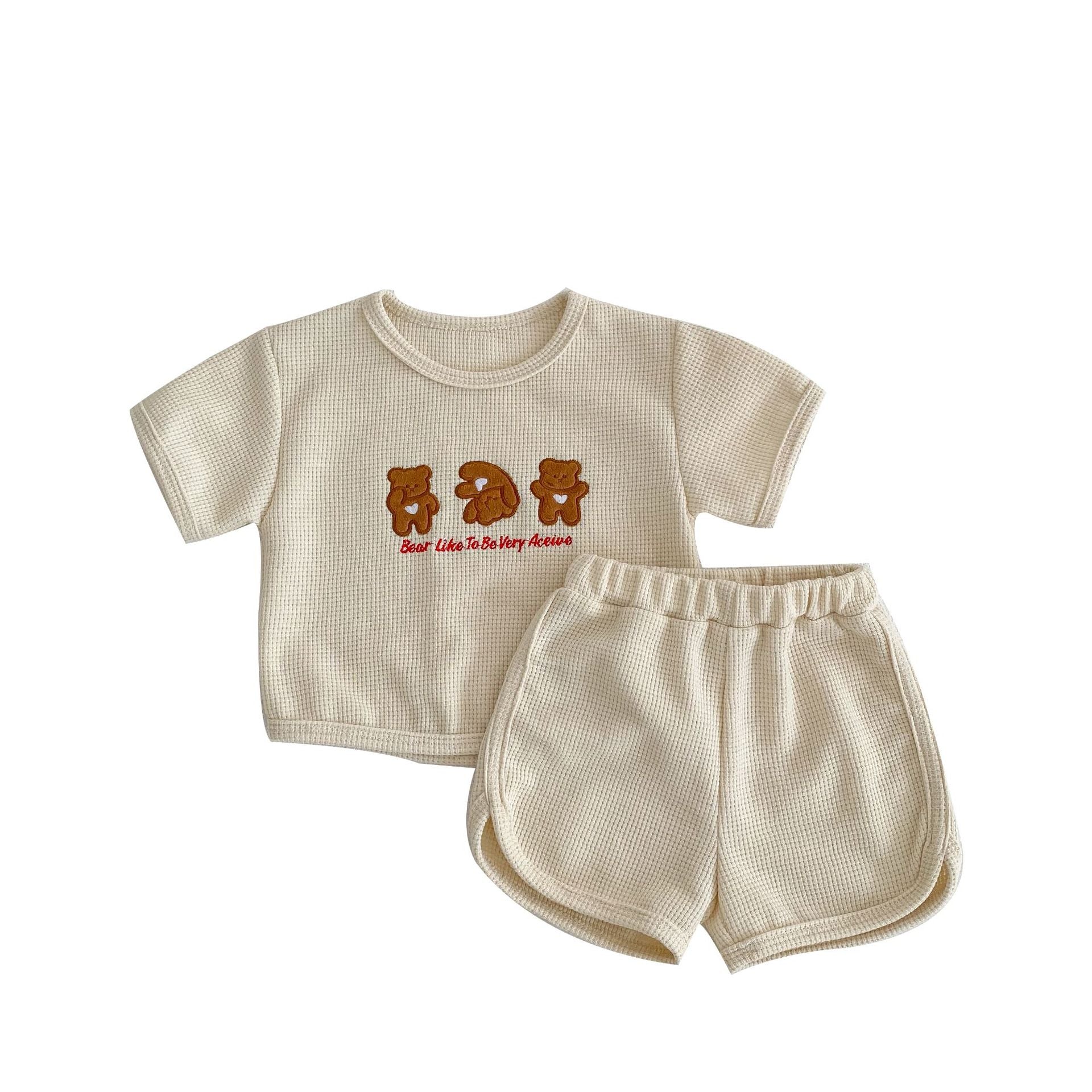 Baby Bear Embroidered Pattern Waffle Fabric T-Shirt Combo Shorts Sets-6