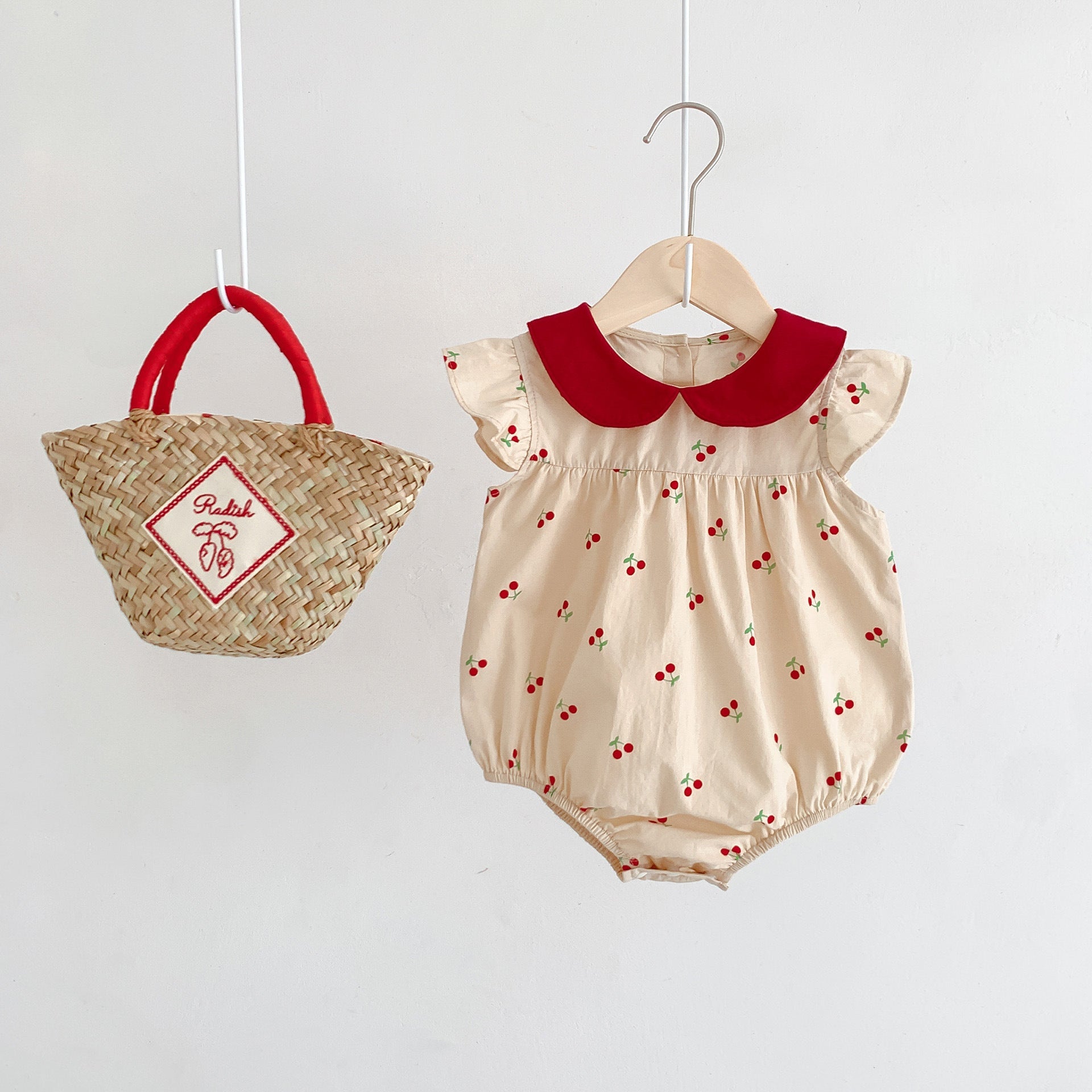 Summer Thin New Arrival Baby Girls Cherry Print Fly Sleeves Peter Pan Collar Onesies-5