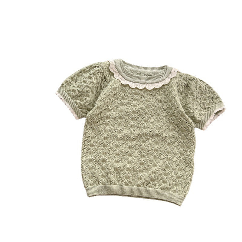 Baby Girl Hollow Carved Design Ruffle Design Cute Knit Tee-6