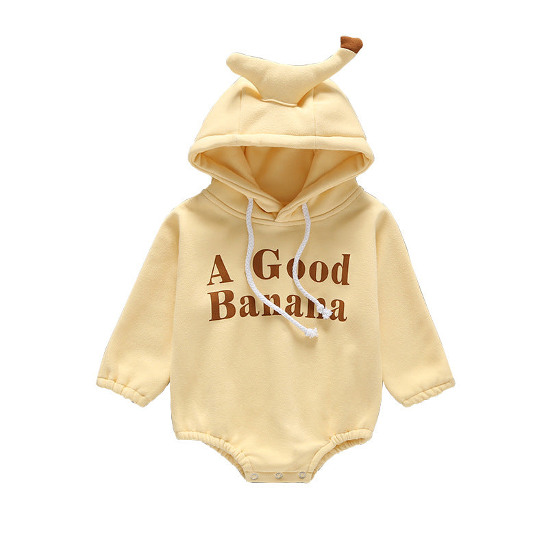 Baby Slogan Print Pattern 3D Banana Patched Hat Long Sleeved Bodysuit Onesies-1