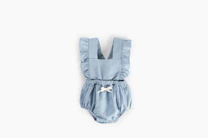 Baby Girl Square Collar Lace Design Denim Fabric Sleeveless Backless Onesies With Bow Decoration-7