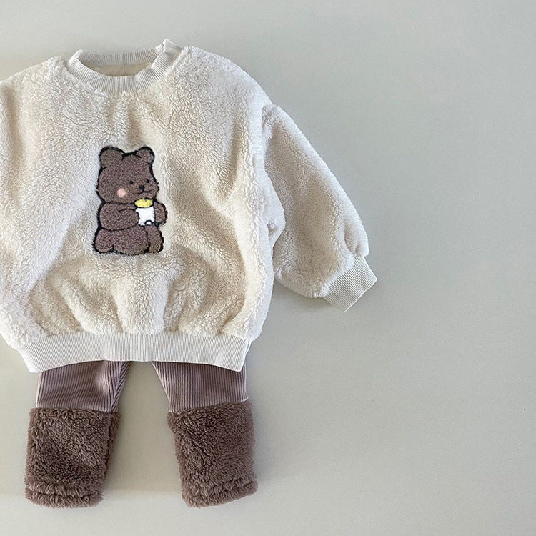 Baby Bear Embroidered Pattern Plush Hoodies Combo Pants  Pieces Sets-7