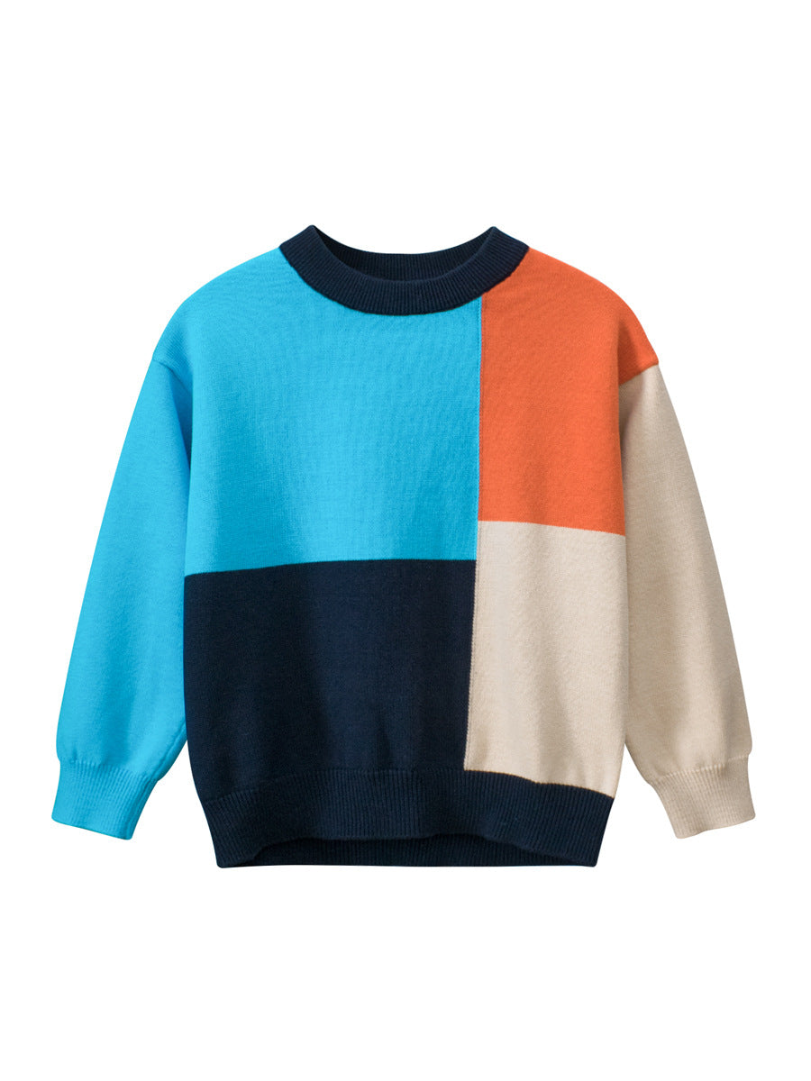 Baby Boy Color Patchwork Crew Neck Long Sleeve Knitwear Pullover-0