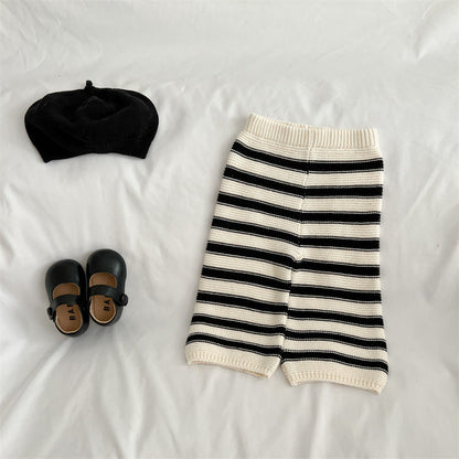 Baby Striped Pattern Lapel Knitted Cardigan With Pants Sets-7