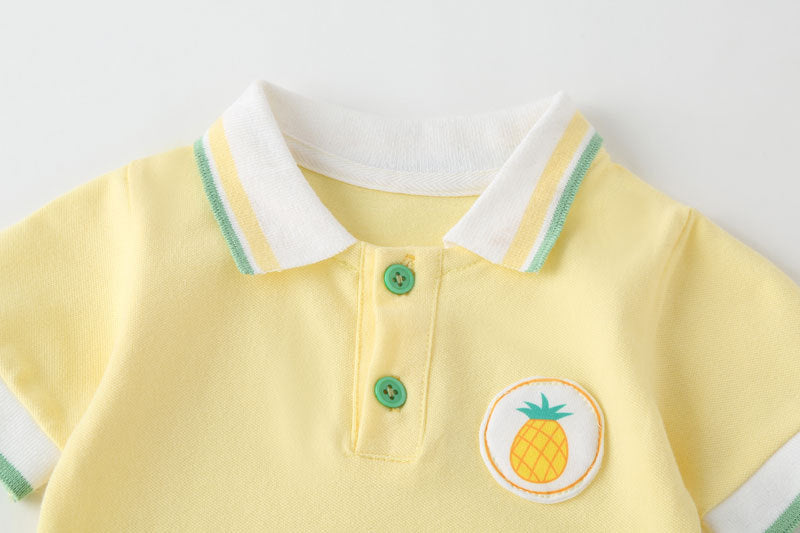 Baby Fruit Pattern Polo Collar Color Blocking Design Short-Sleeved Onesies-7