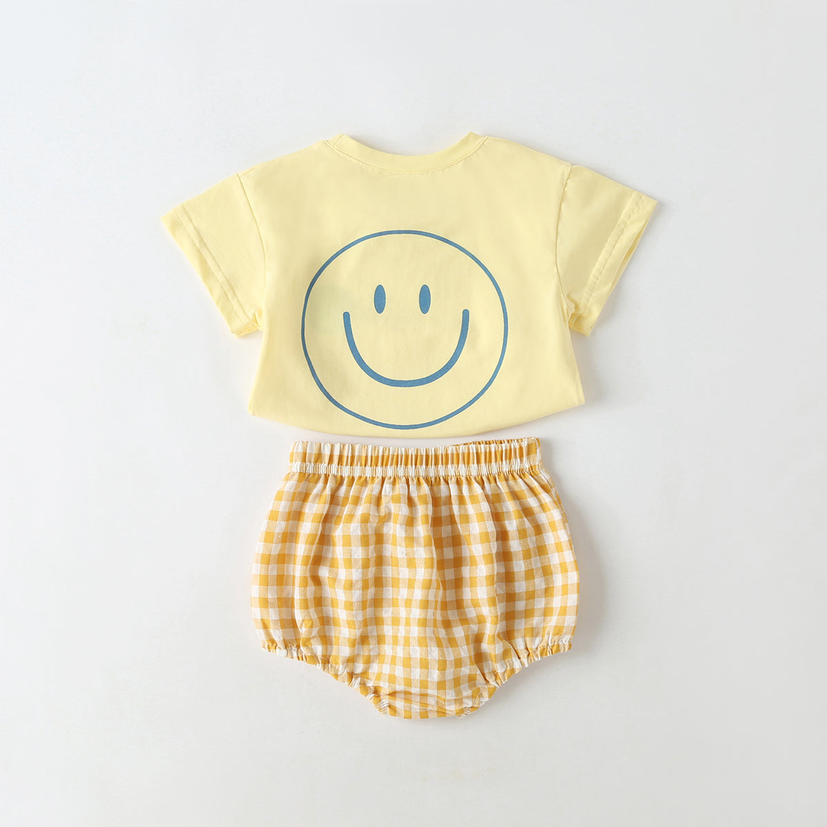 Baby Smiley Print Pattern Solid Tee Combo Plaid Pattern Triangle Shorts Sets-7