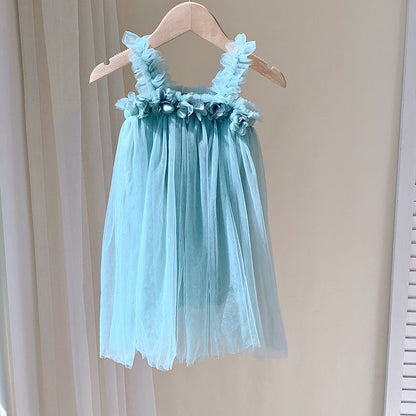 Summer Baby Kids Girls Sleeveless 3D Flowers Mesh Strap Dress-8