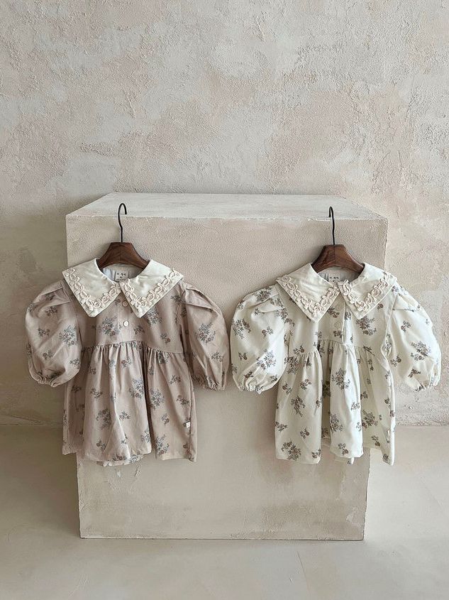 Baby Girls Turndown Collar Floral Soft Spring Vintage Dress-0