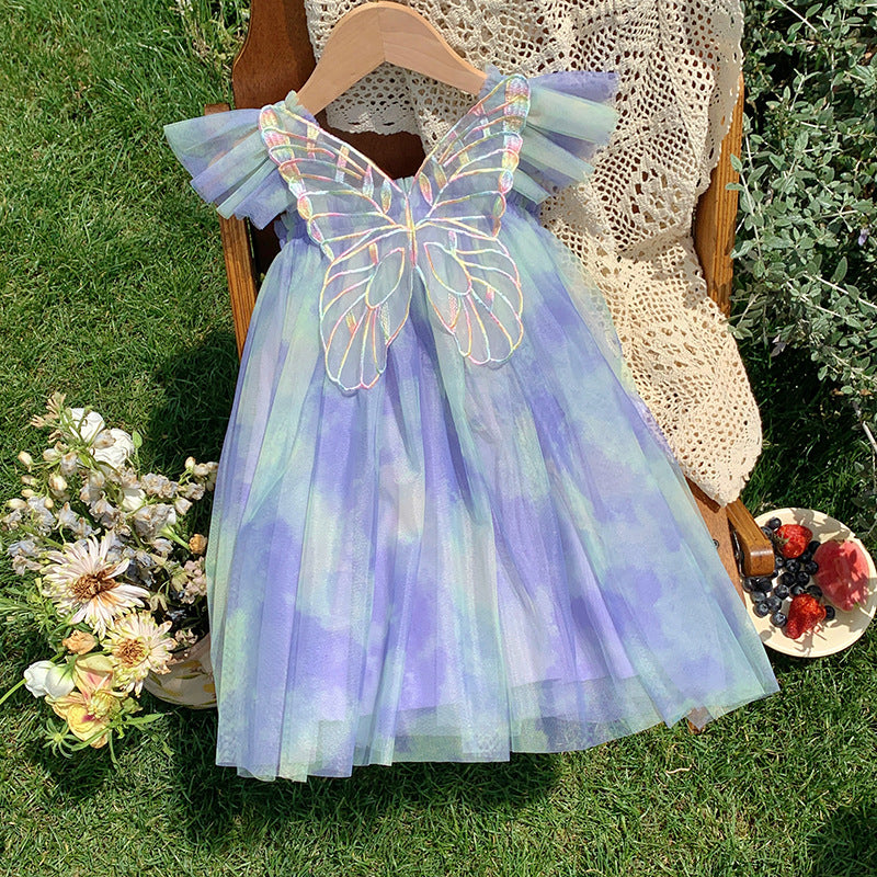 Summer Baby Kids Girls Gradient Fly Sleeves Butterfly Design Mesh Princess Dress-1