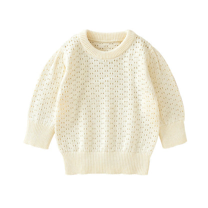 Baby Girl Solid Color Hollow Carved Design Cotton Sweater-7