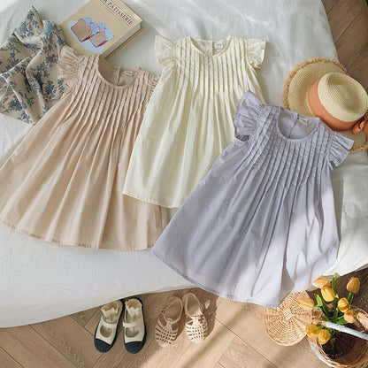 Summer New Arrival Kids Girls Fly Sleeves Solid Color Pleated Dress-0