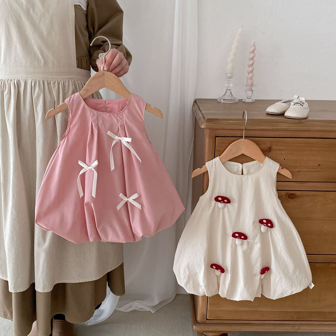 Summer Hot Selling Baby Kids Girls Sleeveless Crew Neck 3D Mushroom/Bow Simple Dress-0