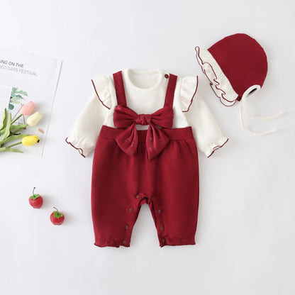 Baby Girl Lettuce Trim Design Big Bow Long Sleeve Jumpsuit-0