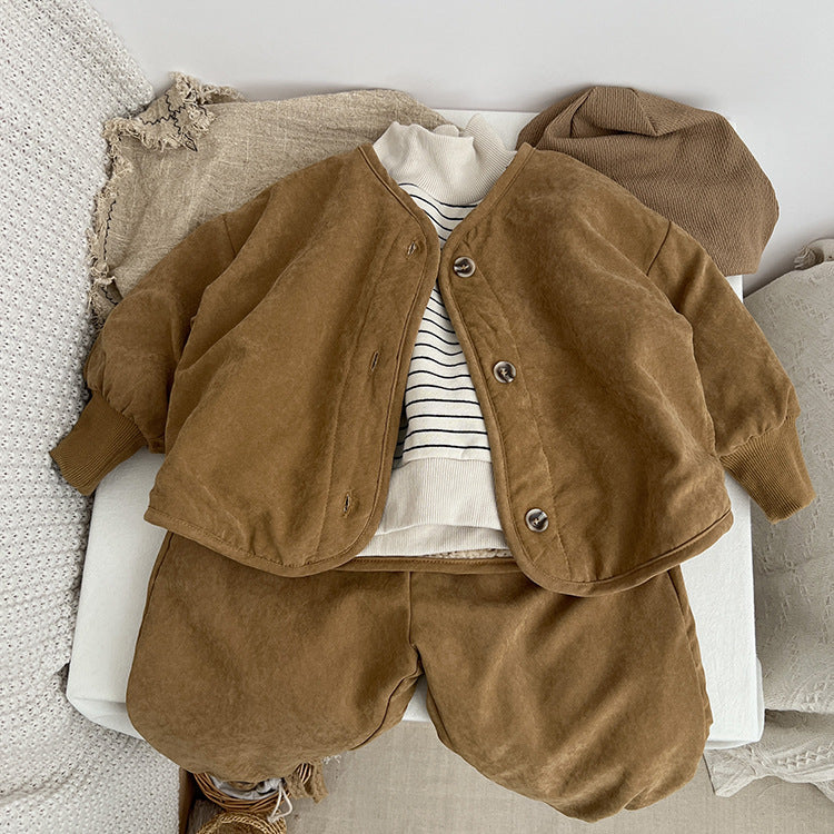 Baby Boy And Girl Vintage Style Lambswool Padded Thickened Jacket-6