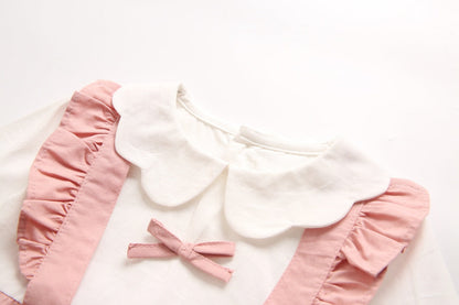 Baby Girl False 1 Pieces Design Petal Collar Design Bow Patched Bodysuit Onesies-7