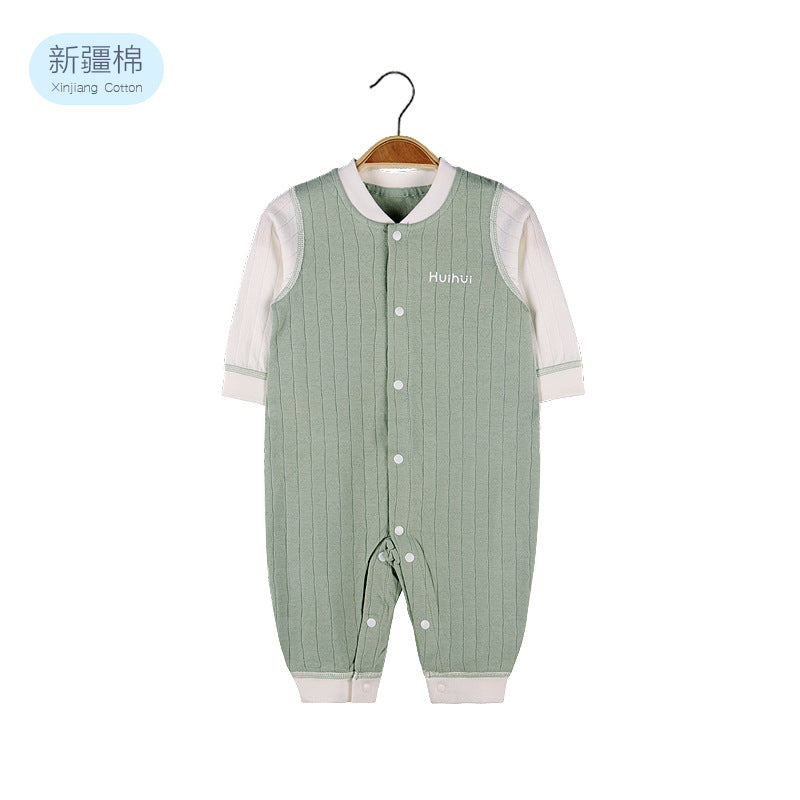 Baby Solid Color Pit Strip Fabric Single Breasted Design Cotton Jumpsuit Pajamas-7