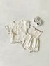 Summer Baby Kids Unisex Waffle Grid Short Sleeves Casual Monk Style Top T-Shirt And Bloomers And Hat Clothing Set-5