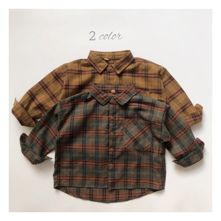 Baby Plaid Pattern Vintage Style Lapel Design Shirt-0