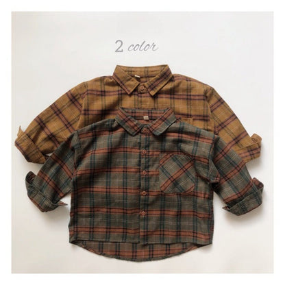 Baby Plaid Pattern Vintage Style Lapel Design Shirt-0