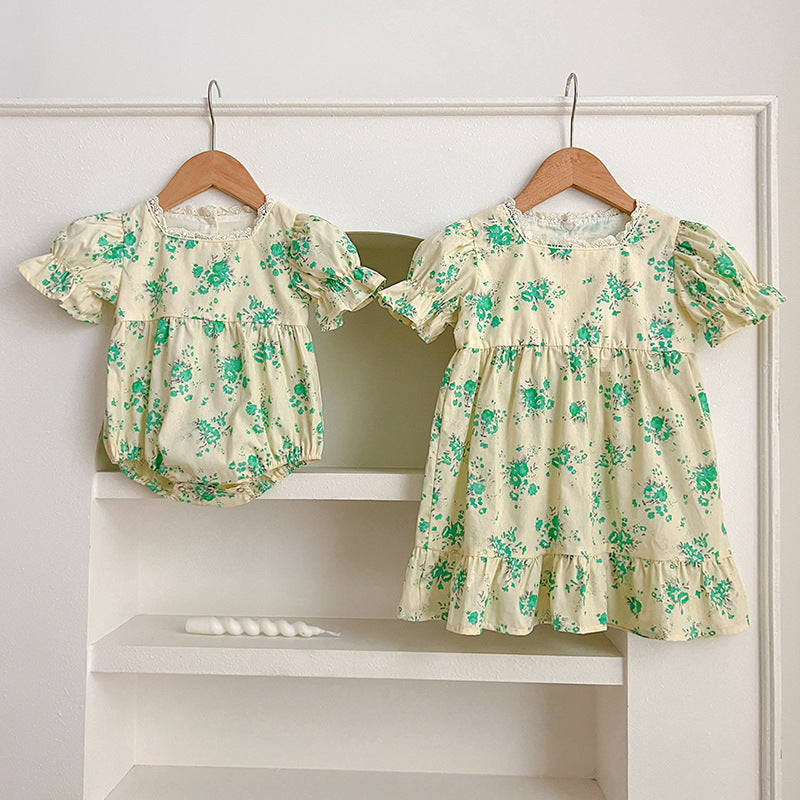 Summer Girls Green Floral Pattern Square Neck Onesies And Girls’ Dress – Princess Sister Matching Set-0