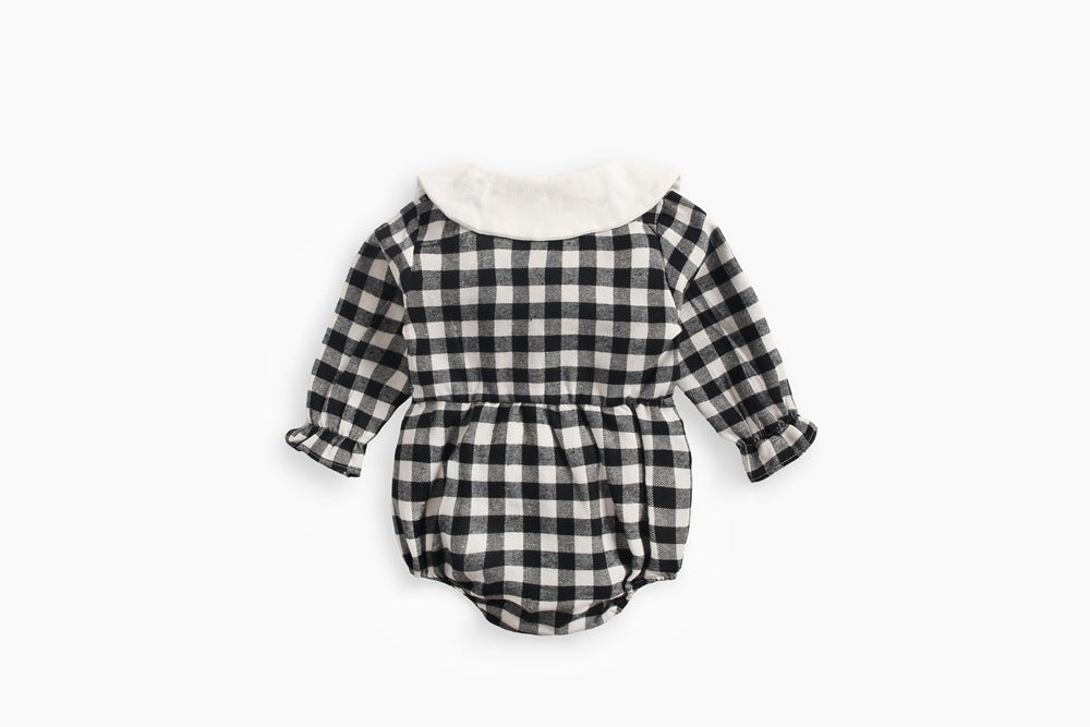 Baby Girl Plaid Pattern Doll Collar Design Long Sleeve Onesies With Buttons-7