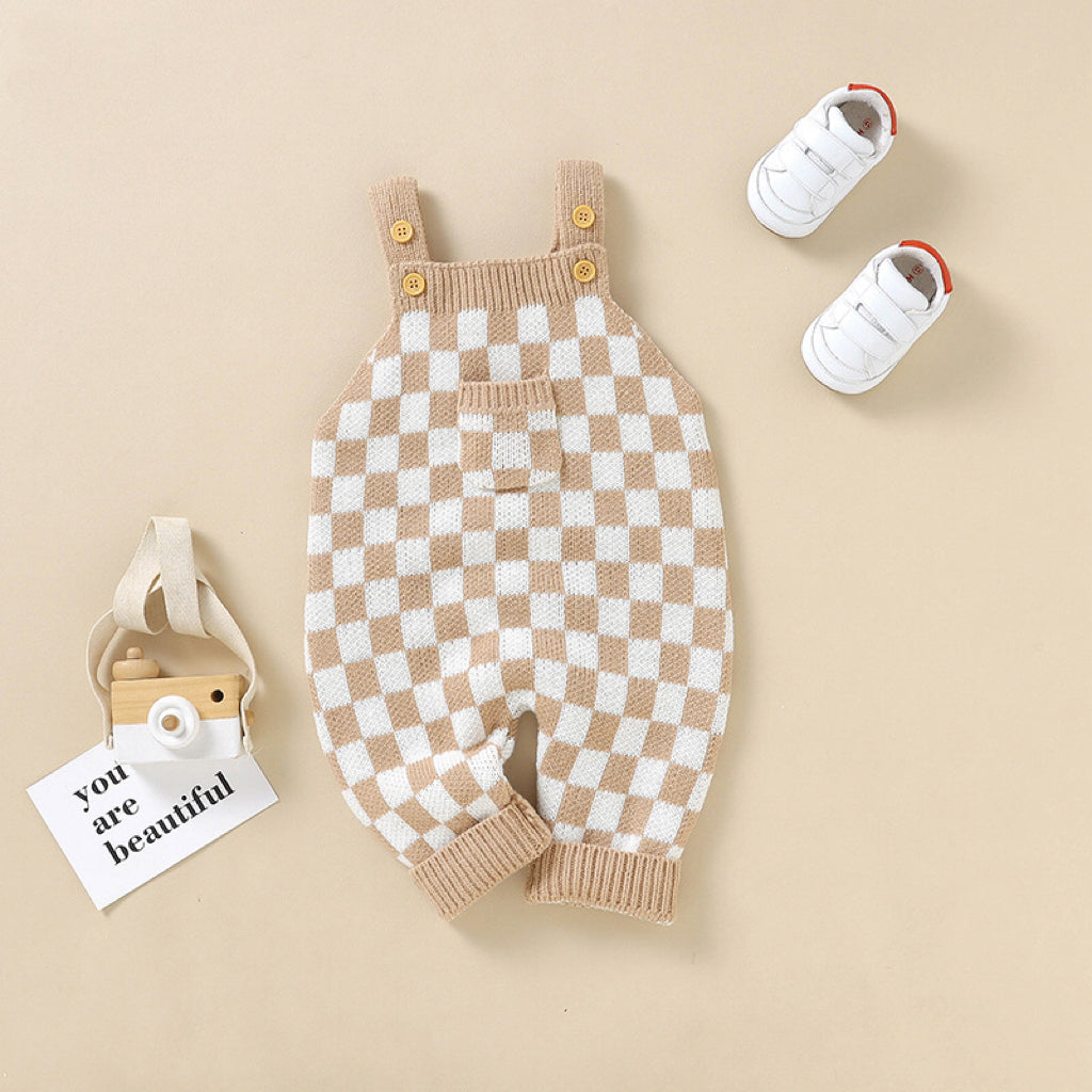 Baby Checkerboard Pattern Strap Design Knit Spring Autumn Rompers-6