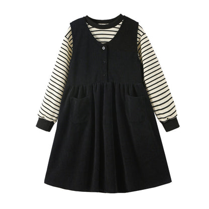 Girls Striped Pullover Tops Black Dress Sets-0