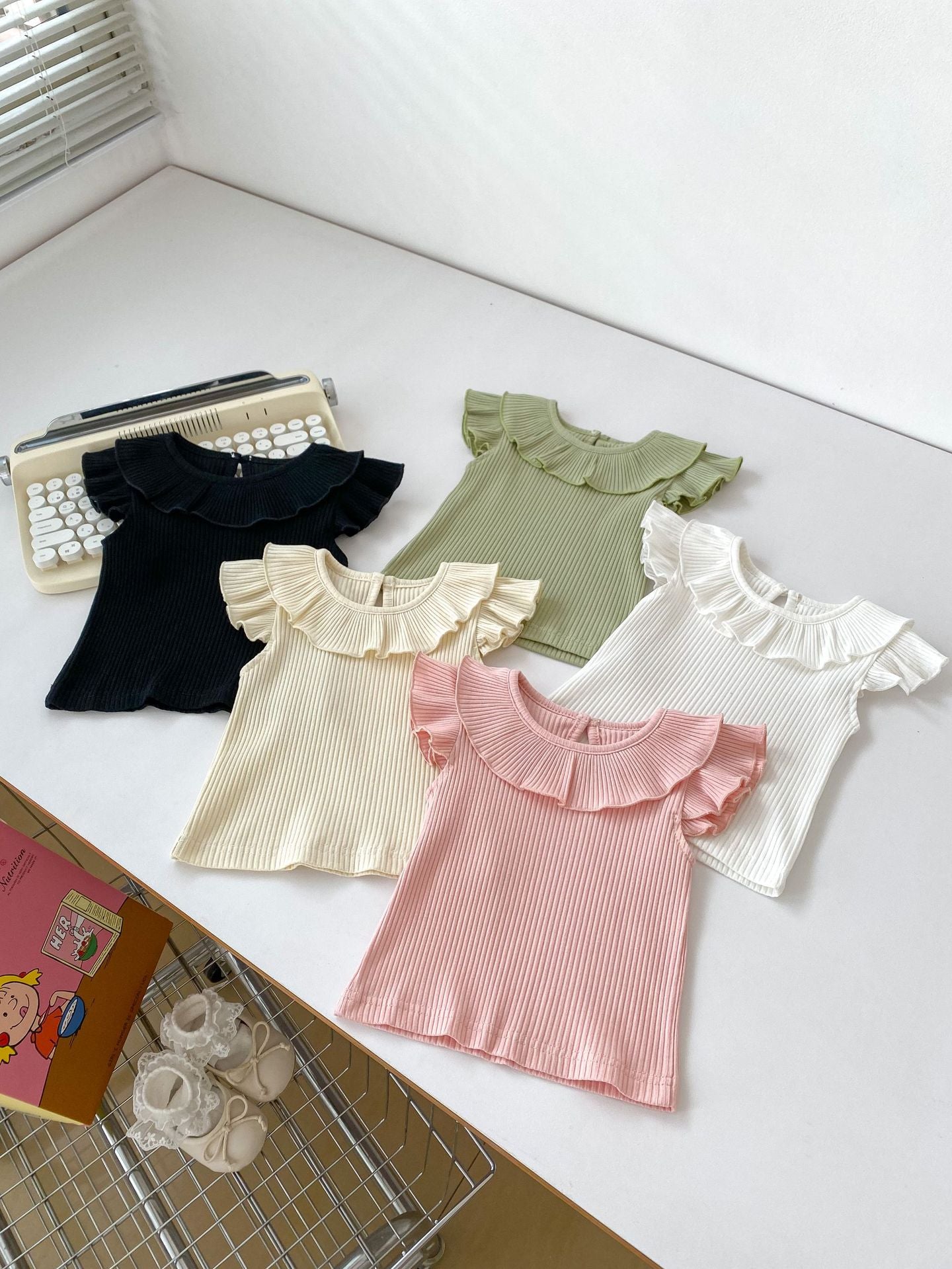 Summer Collection: Girls’ Fly Sleeves Ruffle Collar Solid Color Top-7