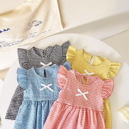 New Arrival Summer Baby Girls Plaid Fly Sleeves Dress With Bow-0