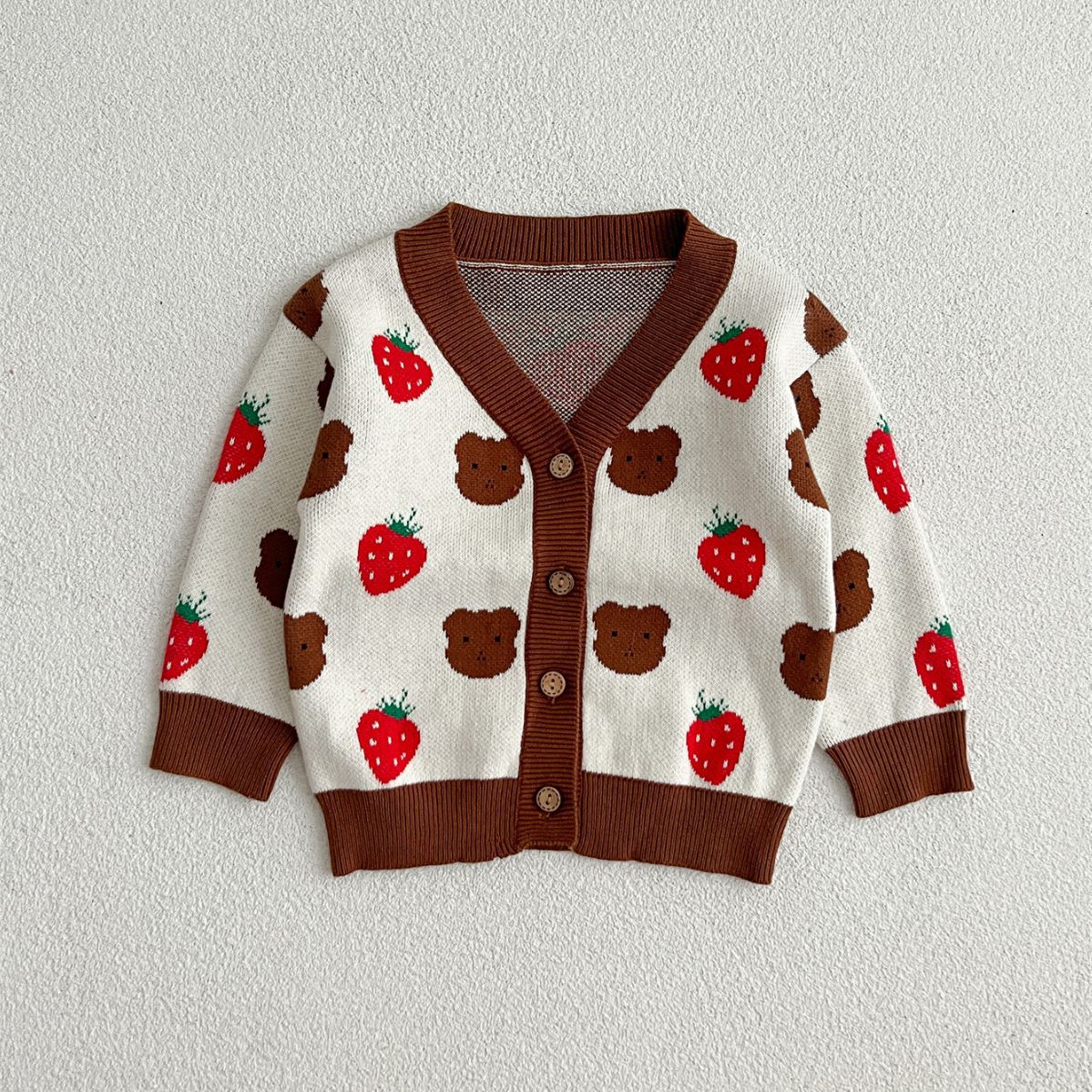 Baby Girls Cute Strawberry Combo Little Bear Head Long-Sleeved Cardigan-0